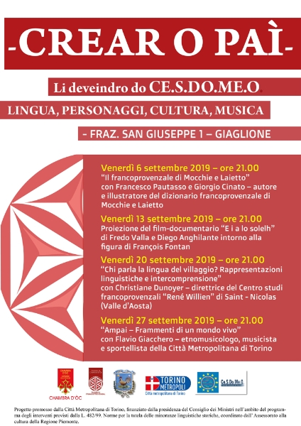 CREAR O PAÌ: quattro incontri per i venerdì di settembre al Ce.S.Do.Me.O. di Giaglione